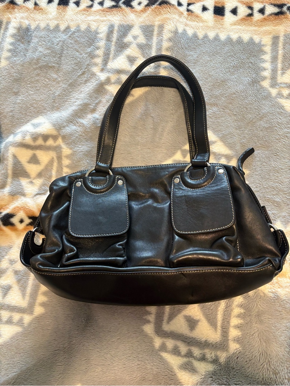 Leather Women’s Black Shoulder Bag with Dual Front Flap Pockets